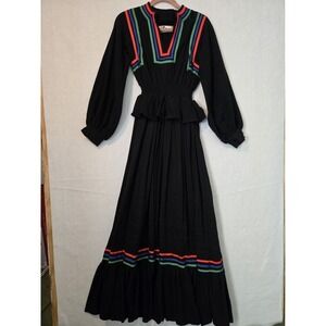 JT Dress Jody Of California Dress Sz S Black Boho Maxi Stripes Smocked Waist